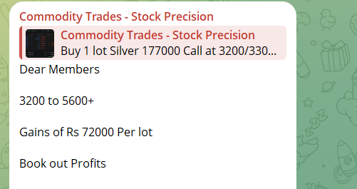 Stock_Precision's tweet image. Silver Trade 

Recommended Long Positions

Silver 177000 Call

3200 to 5600+

Gains of Rs 72,000 Per Lot

Join the Commodity Trading Group with us

Link to Join: wa.link/wbyavd

#Silver #Commodity #Trading