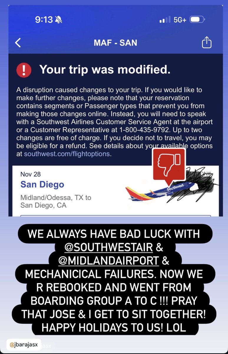We always have issues with <a href="/SouthwestAir/">Southwest Airlines</a> at <a href="/MidlandAirport/">Midland Airport</a> and mechanical failures. And now we are rebooked and went from boarding group A to boarding group C. So hopefully my husband and I get to sit together on this long flight that is now 4 hours later. Happy holidays to us!