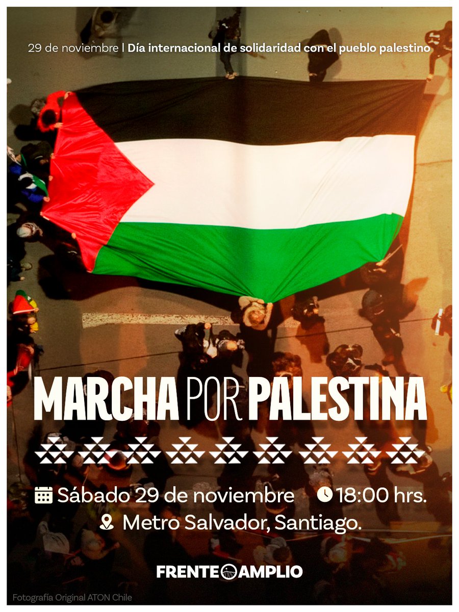 elfrente_amplio's tweet photo. Día Internacional de Solidaridad con el Pueblo Palestino 🇵🇸

Convocamos a todas y todos quienes solidarizan con Palestina a marchar hoy a las 18:00 hrs, desde Metro Salvador.

Hoy reafirmamos la importancia de expresar de manera pública nuestro apoyo al pueblo palestino y de visibilizar la grave vulneración de derechos humanos que, desde hace años, ha costado la vida de miles de personas. Alzamos la voz contra la violencia, el desplazamiento y el exterminio, y exigimos justicia, paz y dignidad para Palestina.