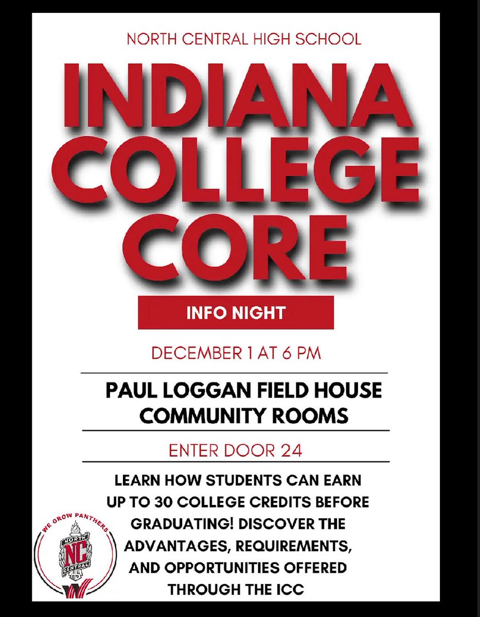 NC_Counsel's tweet photo. Learn how the Indiana College Core can save you money and jump-start your degree! Earn 30 credits in high school that transfer to any Indiana public college. Join our Info Night to hear how it works and why it’s a game changer for families. 🎓✨

#WhyWT #WeGrowPanthers https://t.co/lqziWiEjnK