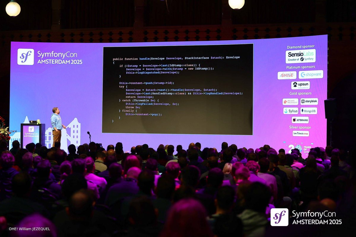 symfonycon's tweet image. 🚀Just on the mic:  Kris Wallsmith (@kriswallsmith) with “Unleash the Power of Symfony Messenger”

At #SymfonyCon Amsterdam 2025, Kris showed us advanced Messenger techniques — multiple buses and chaining messages to level up your Symfony apps! 💌⚡💜

#Symfony #PHP