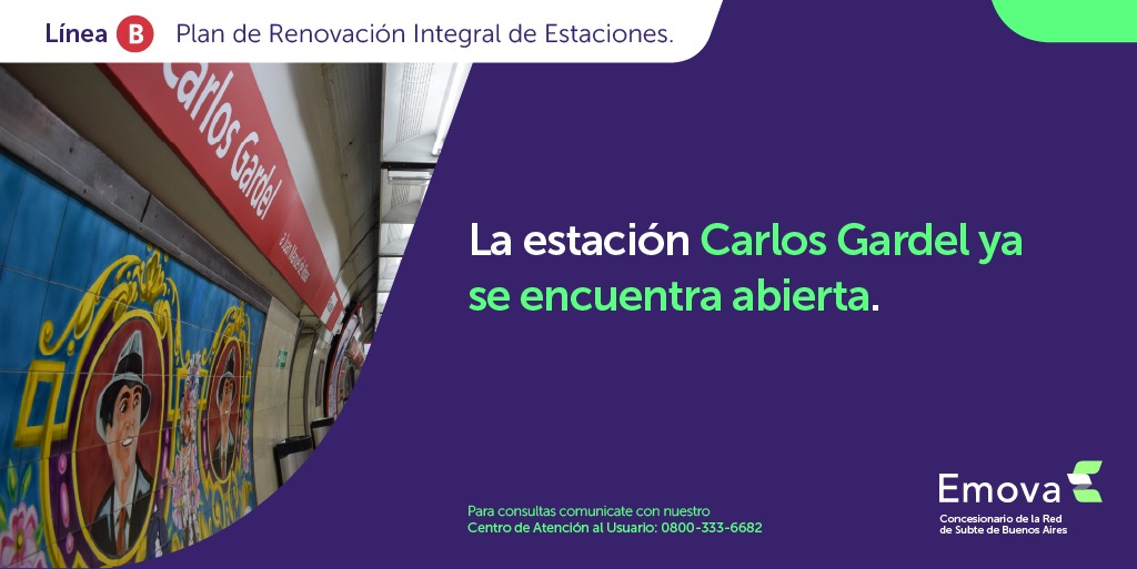 Emova_arg's tweet image. 🚨 ¡Atención usuarios!

👉 La estación Carlos Gardel de la #LíneaB ya se encuentra operativa.
