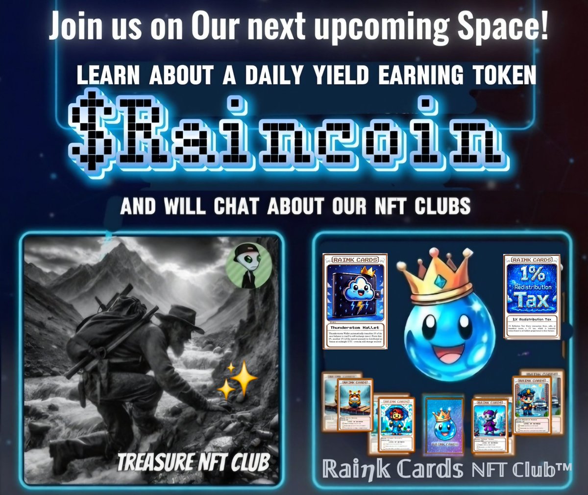 Join us later  TODAY 1 PM Eastern TiMe  let's talk a about $Raincoin  and the benefits of having a low supply and a rewards system BUILT IN the smart contract.  
#crypto #NFTs #investment #memecoin #scarcity