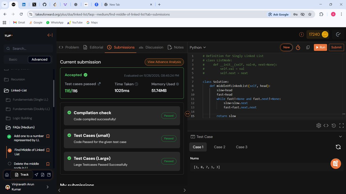 arunpwr2712's tweet image. Day 45 of #TUFWinterArc ⚡
Solved medium LL problems from Striver’s A2Z DSA Sheet by @takeUforward_  and @striver_79  - Add One to Number &amp;amp; Find Middle of LL.
Fast–slow pointers + clean traversal.
Confidence rising.
#DSA #LinkedList #Striver #takeUforward