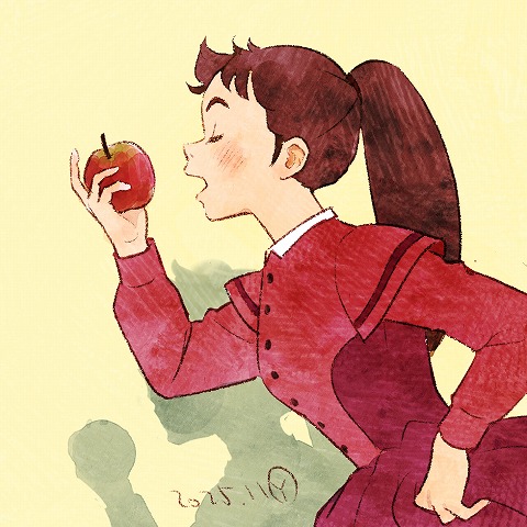 #ルイザ・メイ・オルコット生誕祭
エンディングと音楽集ジャケット絵を見本に描いてみました。（ほぼ模写アレンジ有り）
愛の若草物語で検索すると真横を向いて歩いてる似たようなレイアウトの公式絵がとても多いのですが、今年の９月のカレンダー絵では林檎は持ってなかったですね＾＾