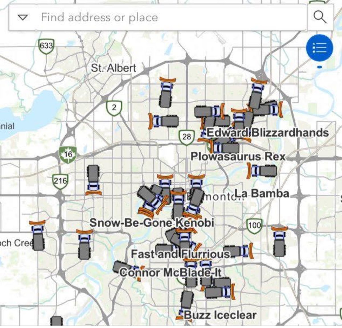 The names of the snow plows currently clearing the streets in #YEG are hilarious.