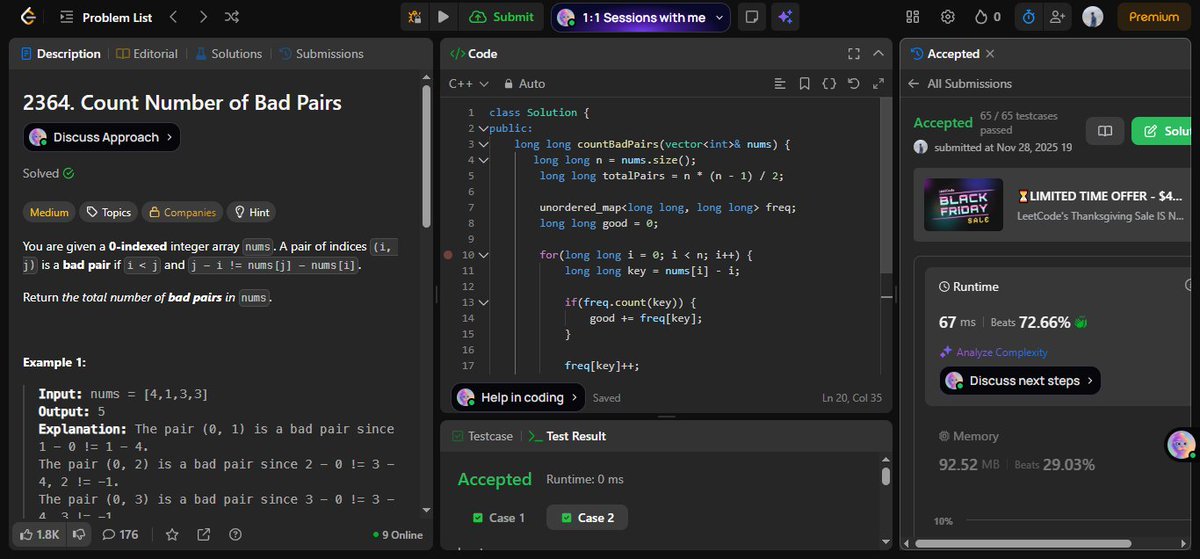 PriyanshuK25974's tweet image. 🔥 #Day 59 of my #DSA Journey!

🧩 Prefix Sum

💻 Today&apos;s Problems are:
✅ Count Number of Bad Pairs
✅ Count of Interesting Subarrays
 #365DaysOfCode #BuildInPublic #CodingJourney #LeetCode #ProblemSolving #LearnDSA #cpp