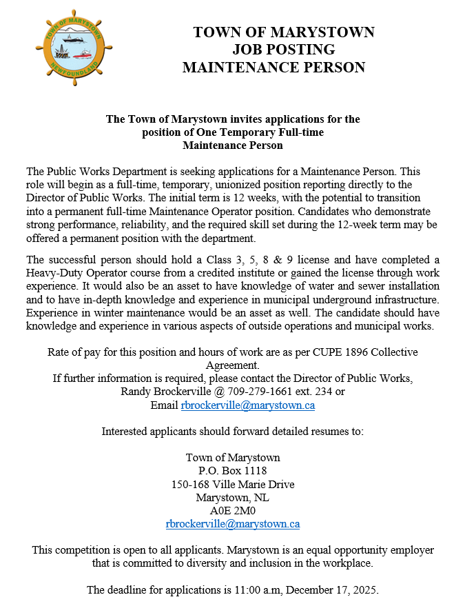 Employment Opportunity - deadline to apply is December 17/25