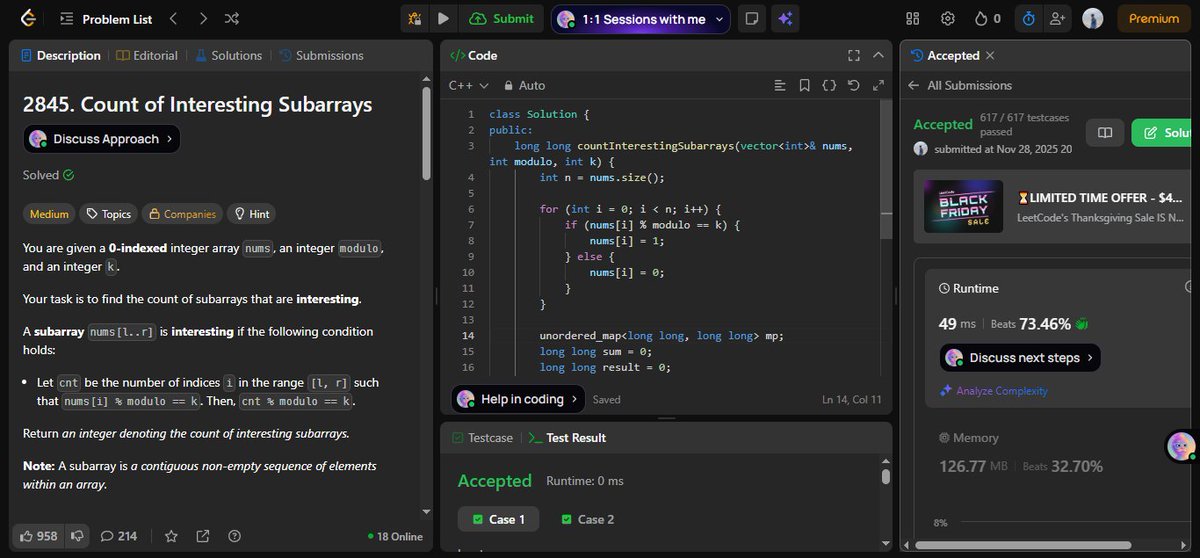 PriyanshuK25974's tweet image. 🔥 #Day 59 of my #DSA Journey!

🧩 Prefix Sum

💻 Today&apos;s Problems are:
✅ Count Number of Bad Pairs
✅ Count of Interesting Subarrays
 #365DaysOfCode #BuildInPublic #CodingJourney #LeetCode #ProblemSolving #LearnDSA #cpp