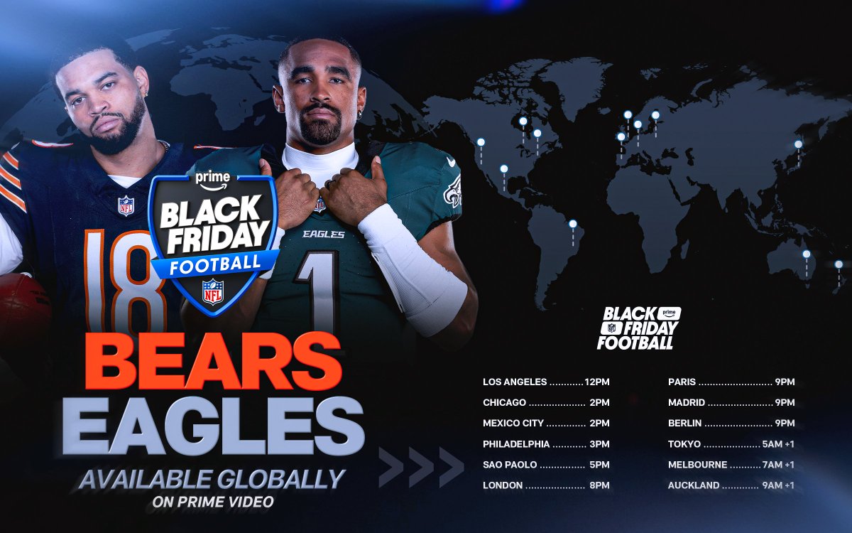 Black Friday Football is streaming globally for FREE.

Where are you watching from?

Stream CHIvsPHI -- 3pm ET on Prime Video
Also streaming on @NFLPlus 