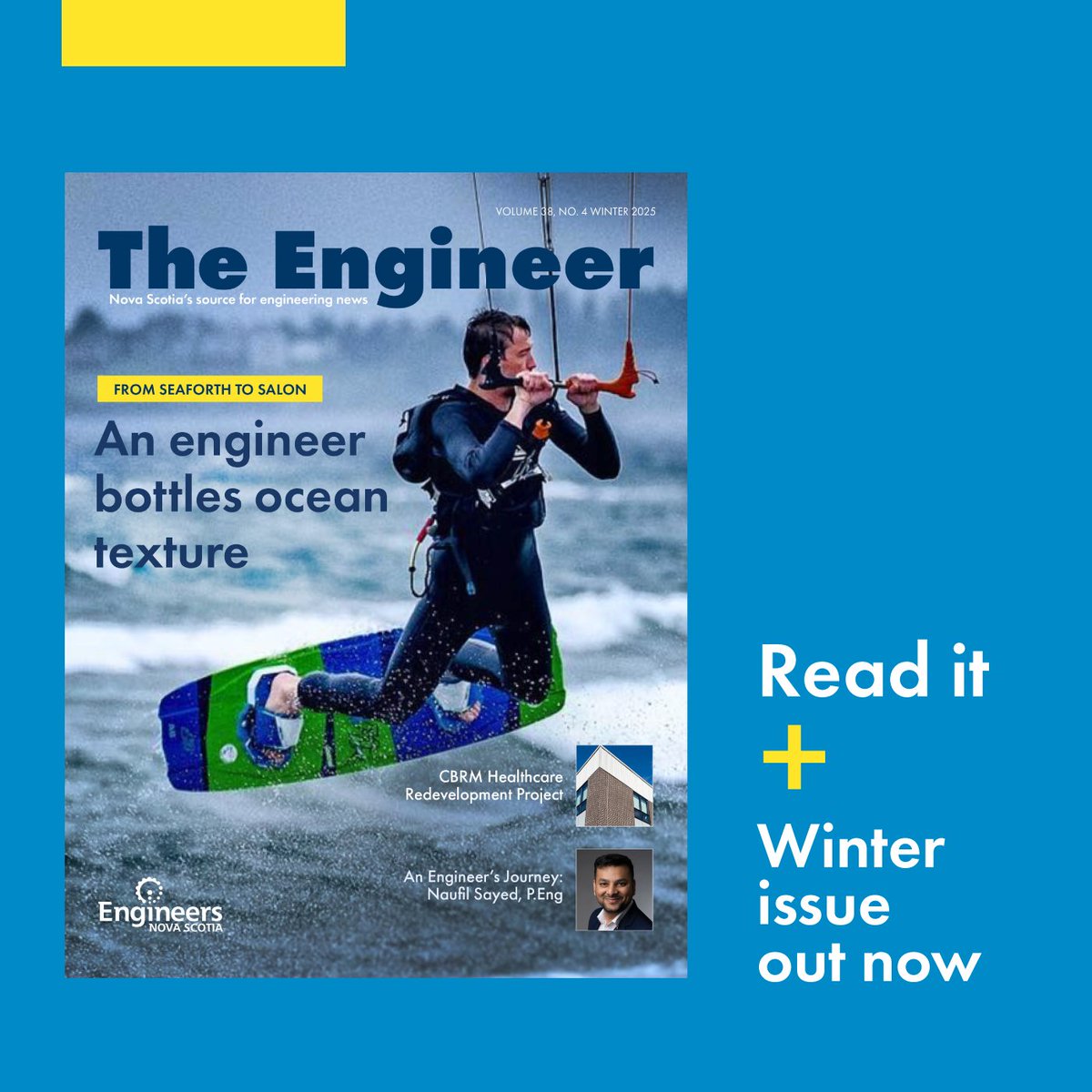 EngineersNS's tweet image. The Winter issue is now available!

See how NS engineers are turning bold ideas into creative solutions — from using ocean water for sustainable haircare to Cape Breton’s healthcare transformation, and the reinvention of inhaler spacers. 

Read now: issuu.com/engineersns/do…