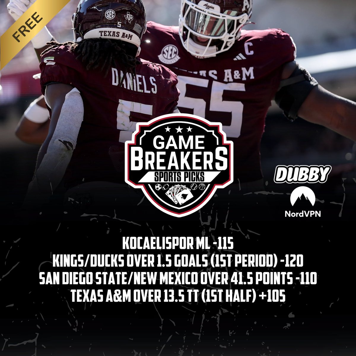 GBSPicks2025's tweet image. Friday November 28th

#TexasAM  #Kings #Aztecs 

💵💵💵

@DubbyEnergy 
Use Promo Code GAMEBREAKER  to receive 10% off
dubby.gg/discount/GameB…

@NordVPN 
Black Friday Sale Active ⬇️
go.nordvpn.net/aff_c?offer_id…

💵💵💵

@Winiblebets 
winible.com/gbspicks2025