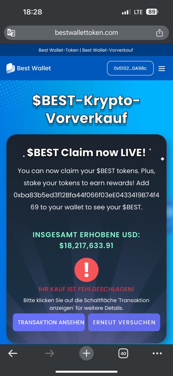 <a href="/BestWalletHQ/">Best Wallet</a> <a href="/kucoincom/">KuCoin</a> What the hell is this? BEST Wallet says claim is LIVE but the purchase keeps failing. Anyone else getting this bullshit?