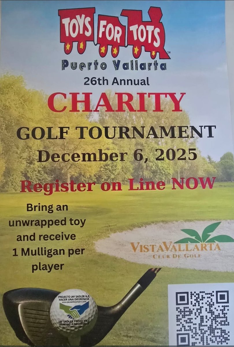 PuertoCharters's tweet image. ⛳ Tee Up for Tots! Win Big &amp;amp; Give Back! 🧸
​Don't miss the Toys for Tots Charity Golf Tournament taking place in just a few days at the stunning Vista Vallarta Golf Club. Join the friendliest golfers in the world as we come together to support thousands of children in our