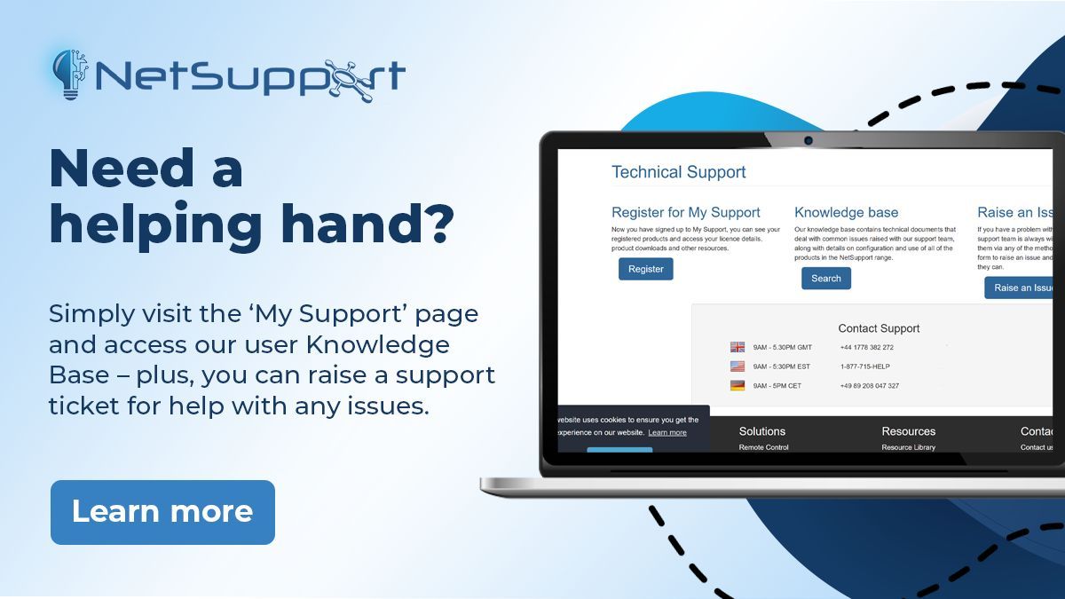 NetSupportICorp's tweet image. Need a helping hand? We&apos;ve got you covered! 💪

Visit &apos;My Support&apos; to access our: 
🧠 Knowledge Base (24/7 self-help) 
📩 Support Ticket System (direct help)

Find the answers you need, fast. buff.ly/mnB3s2l 

#ITSupport #CustomerCare #TechHelp #NetSupport