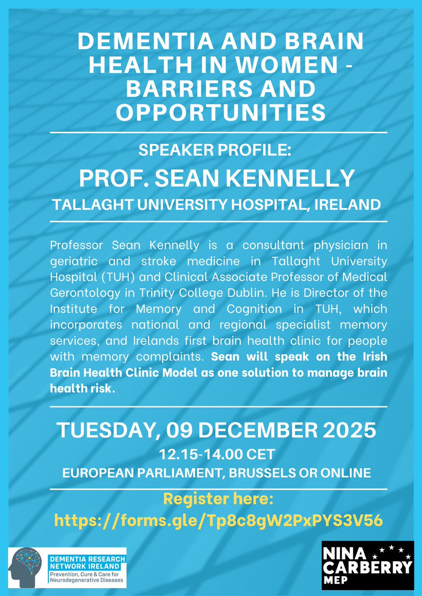 🔦This week we spotlight our speakers for next week's event on women, brain health &amp; dementia.

➡️Join us &amp; <a href="/ninacarberry/">Nina Carberry MEP</a> to hear <a href="/SPKennelly/">Sean Kennelly</a> speak speak on the Irish Brain Health Clinic Model as one solution to manage brain health risk.

👉Register here: forms.gle/Tp8c8gW2PxPYS3…