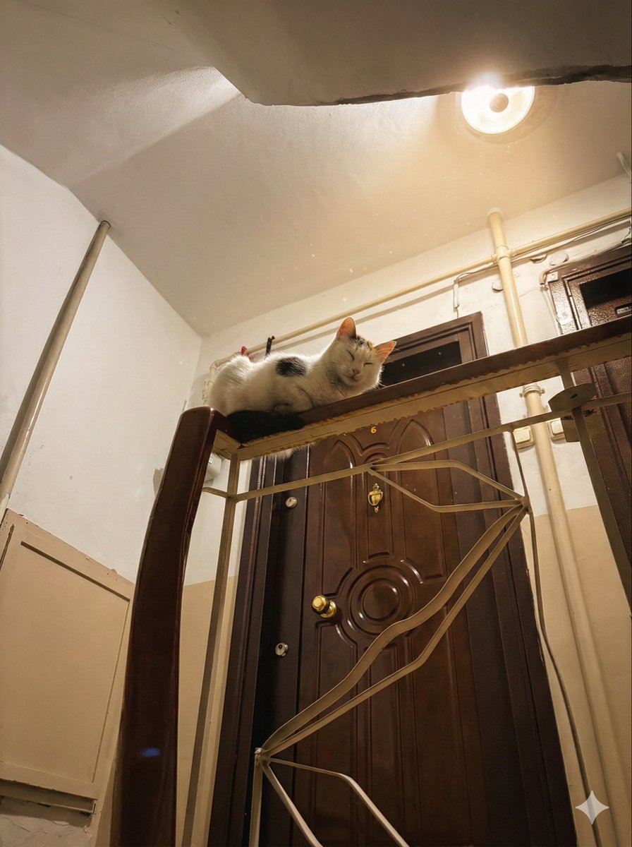 Apartmanımızın kedisi Pamuk. Kendi yatağı var ancak birinci kat merdiven korkuluklarında uyumayı tercih ediyor 🤷🏼‍♂️😅