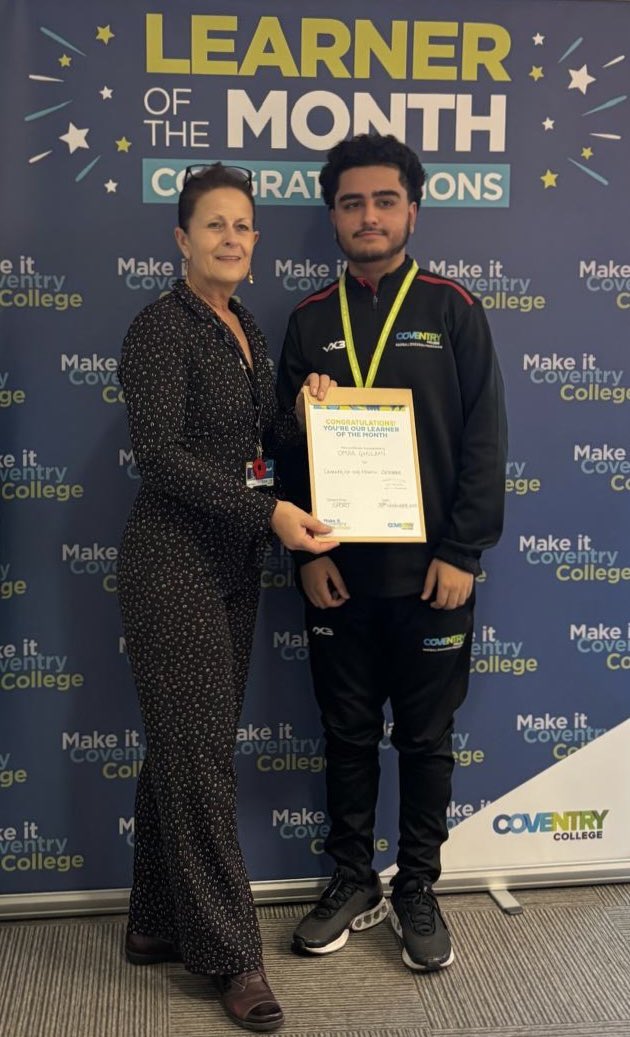 Congratulations to our Level 2 Sport learner, Omar Ghulami, who was awarded our Learner of the Month for October, nominated by <a href="/LizzieFarquhar2/">Lizzie Farquhar</a> for his excellent performance and attitude so far on his study programme <a href="/coventrycollege/">Coventry College</a> <a href="/KellySarahDavis/">Kelly Sarah Ward</a>
