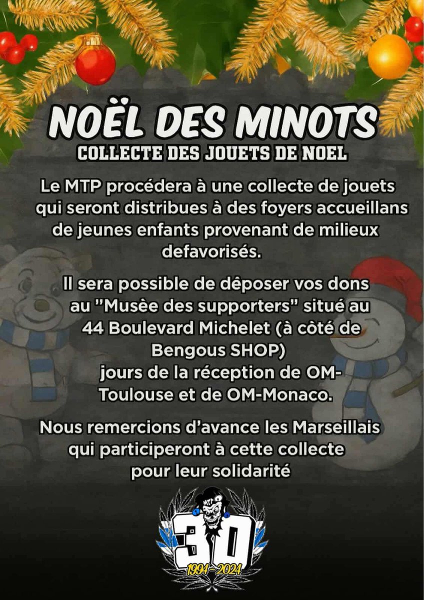 MTP_1994_'s tweet image. 🎄Nöel des minots 🎅

Le MTP compte sur la solidarité et le soutien du peuple Marseillais pour une collecte de jouets de noël (en bon état) qui seront destinés aux enfants de milieux défavorisés. 

Dépôt de don possible avant match Toulouse et Monaco au 44 bd Michelet. 

Merci !