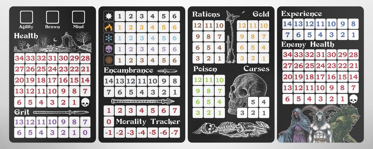 A sneak peek at the new tracker cards for UnderQuest. These are jumbo-sized cards (5.5" x 3.5"). Encumbrance was added, along with a silver cube to track it. 3 dice have been added so you can track your current stats (Agility, Brawn, and Mind). If you flip the 4 cards over, you