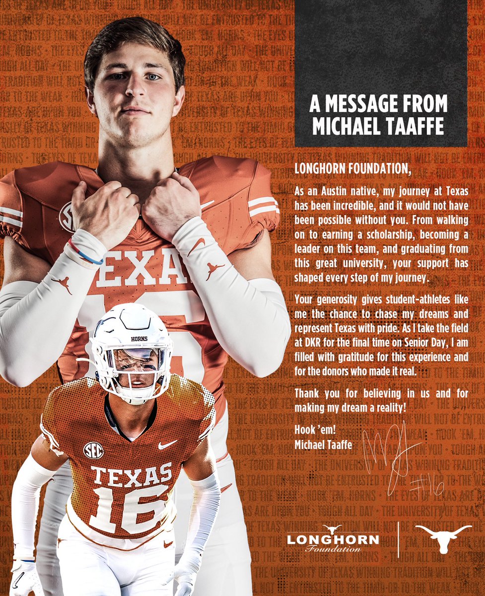 It’s not just a Lone Star Showdown gameday—it’s Senior Day!

Today we celebrate our <a href="/TexasFootball/">Texas Football</a> student-athletes taking the field at DKR-TMS for the last time. They’ve made an impact on the field, and you’ve made an impact in their lives 🙌

#HookEm 🤘