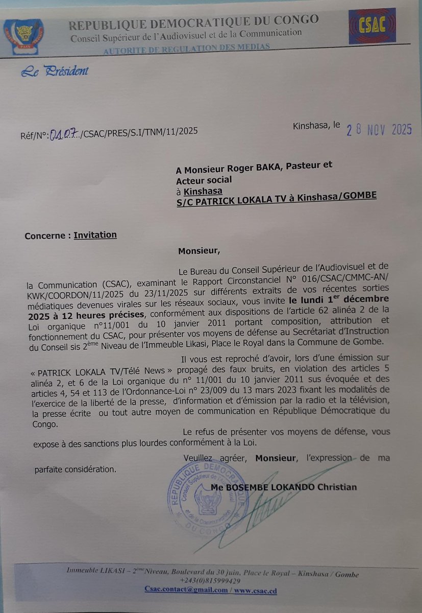 sylvainmukend's tweet image. #RDC CSAC convoque Roger BAKA