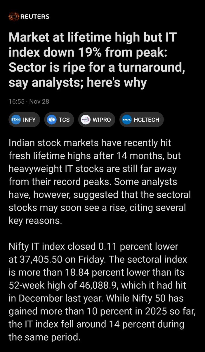 tejas485585's tweet image. 💡 #TCS leads with ₹13.5L Cr mcap 💪, #Infosys at ₹6.3L Cr 🚀, #HCLTech up 18% in 6M 📊, #LTTS &amp;amp; #Coforge riding AI wave 🤖🔥 — sector down 19% from peak but ripe for rebound! #NiftyIT #TechTurnaround #IndiaIT #DigitalBharat 💻🇮🇳
#StockMarketIndia