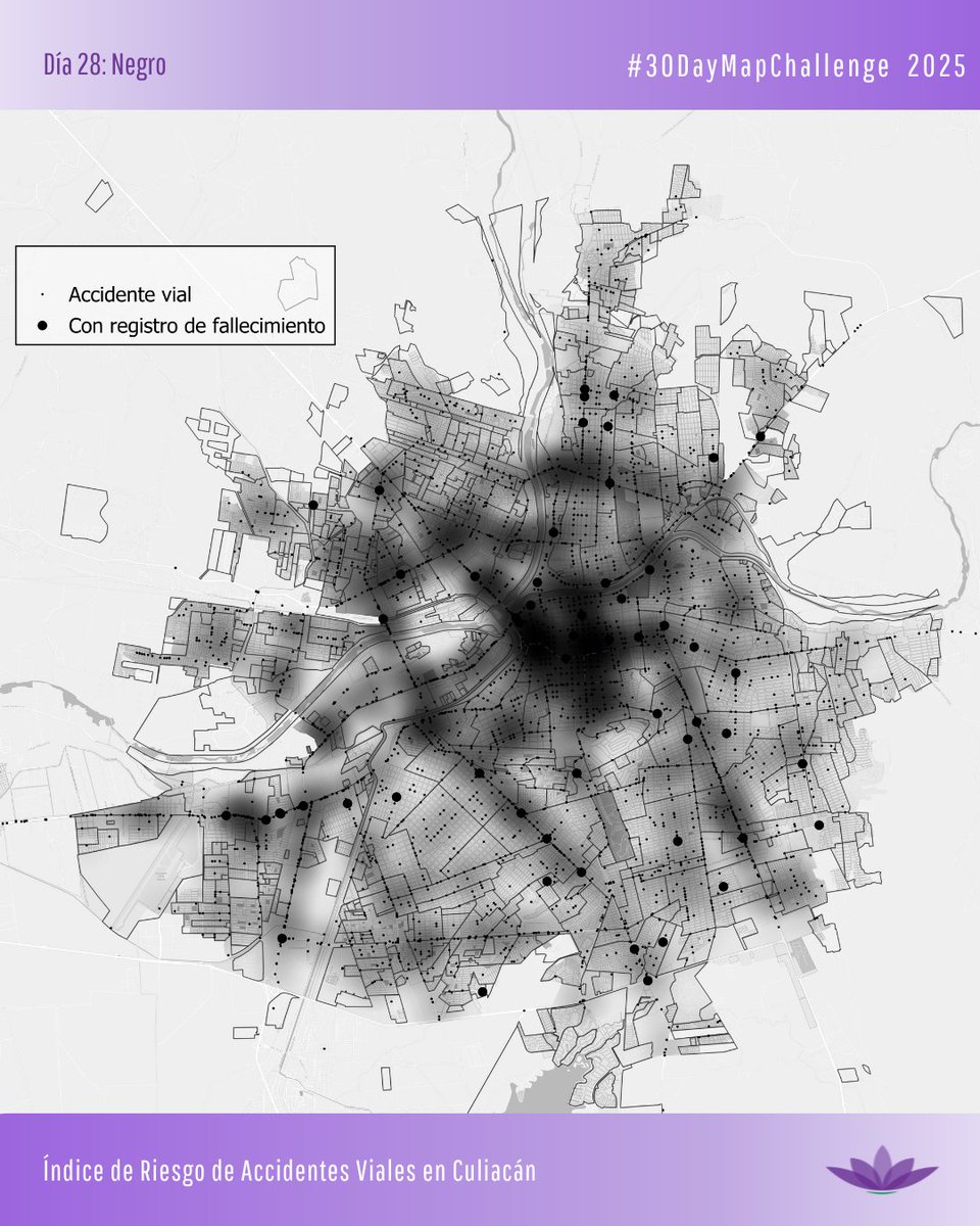 #30DayMapChallenge
Día 28: Negro | Índice de Riesgo de Accidentes Viales en Culiacán

Con datos de INEGI (2022–2024) generamos un indicador de las zonas con mayor riesgo de accidentes viales.

Las zonas negras no son solo colores: son puntos donde la vida está en mayor riesgo.
