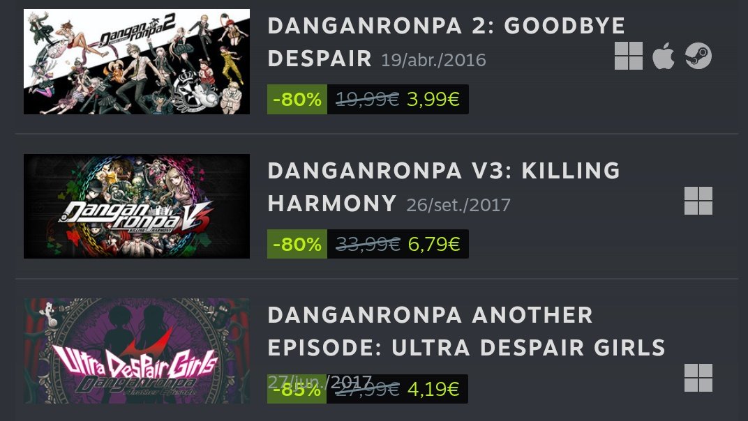 À l'occasion des 15 ans de la série, la franchise Danganronpa est en soldes pendant trois jours !

On rappelle que le premier (à 1,19€) aura bientôt une fantraduction améliorée.