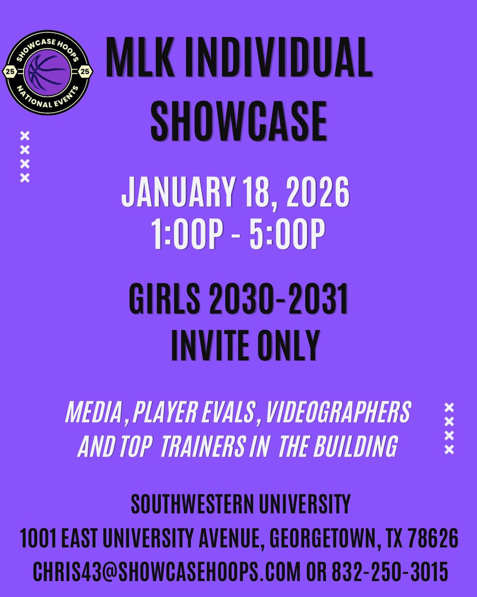 3rd annual MLK Showcase will be January 18th on the campus of Southwestern University in Georgetown, TX. Girls 2030-2031 plus advanced 2032’s are able to participate. Tag someone who needs an invite.