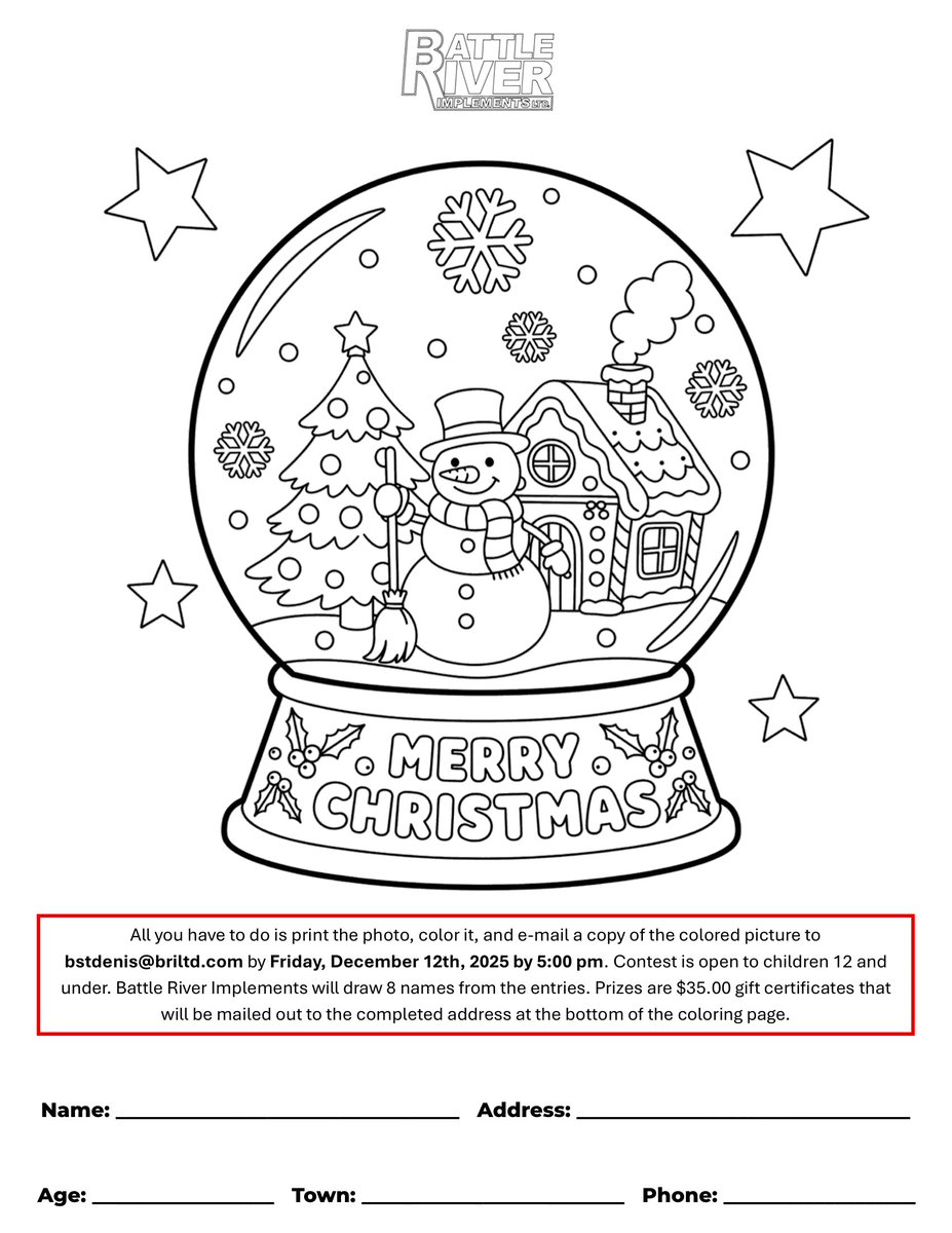 Return your child’s coloured picture of their choice by December 12th 2025 and  be entered to win one of 8, $35 gift certificates to shop at our stores.  No cash value.  briltd.com/coloring
<a href="/BRILTD/">Battle River Implements</a> #christmascolouring