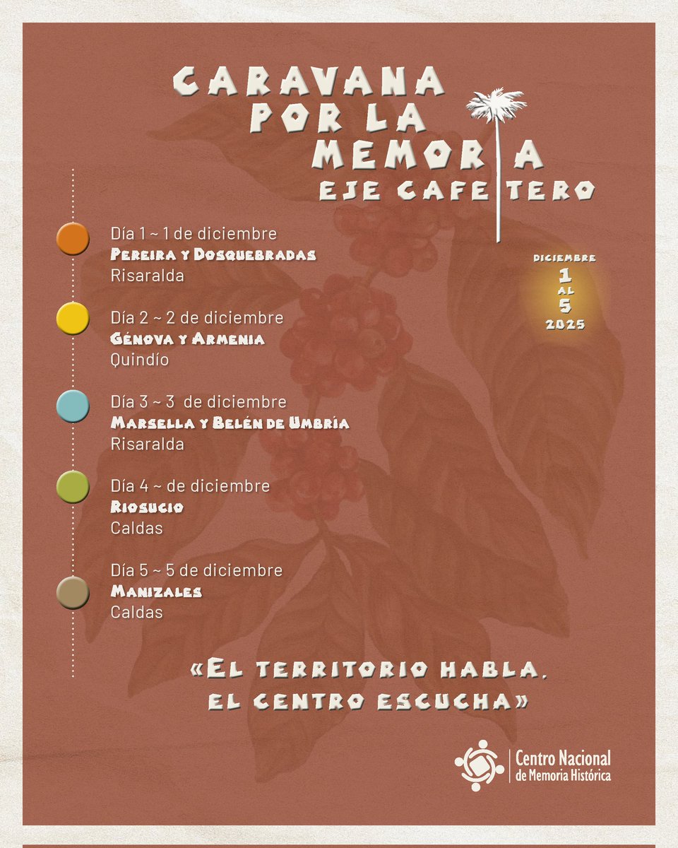 La «Caravana por la Memoria 2025» está a punto de iniciar su recorrido por el Eje Cafetero.
Del 1 al 5 de diciembre viajaremos por Risaralda, Quindío y Caldas para encontrarnos con las historias, prácticas y memorias que las comunidades han construido a lo largo de los años.

En