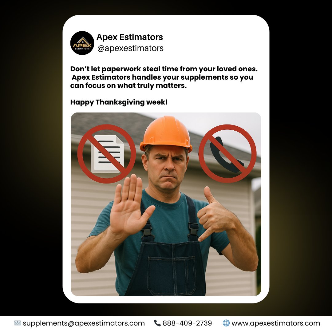 apexestimators's tweet image. It’s Friday of Thanksgiving week — the perfect time to unplug.
Let Apex Estimators deal with the supplements while you enjoy the moments that matter most.