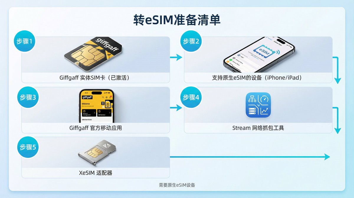 12/28 📋
轉eSIM要準備:
• Giffgaff實體卡(已啟動)
• 一台原生支援eSIM的裝置(iPhone國外版/iPad Mini 6等)
• Giffgaff官方APP
• Stream抓包工具• XeSIM適配