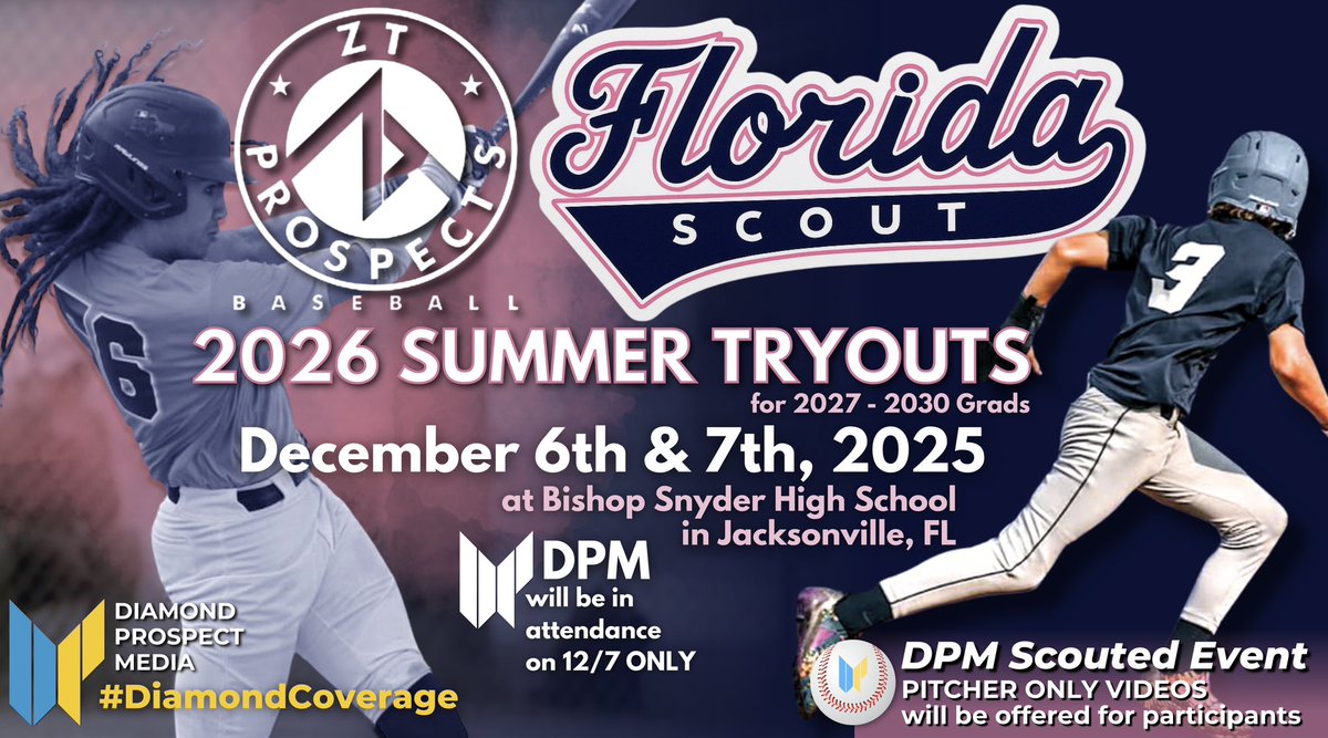DiamondProMedia's tweet image. On Sunday, December 7th we’ll be at @BJS_baseball for the @ZTEliteFL Scout Team 2026 Summer Tryouts! We’ll have live game coverage and all pitchers in attendance can add a video option for filming and editing of their outing. DPM20 takes 20% off TODAY! diamondprospectmedia.com/eventsignups/z…