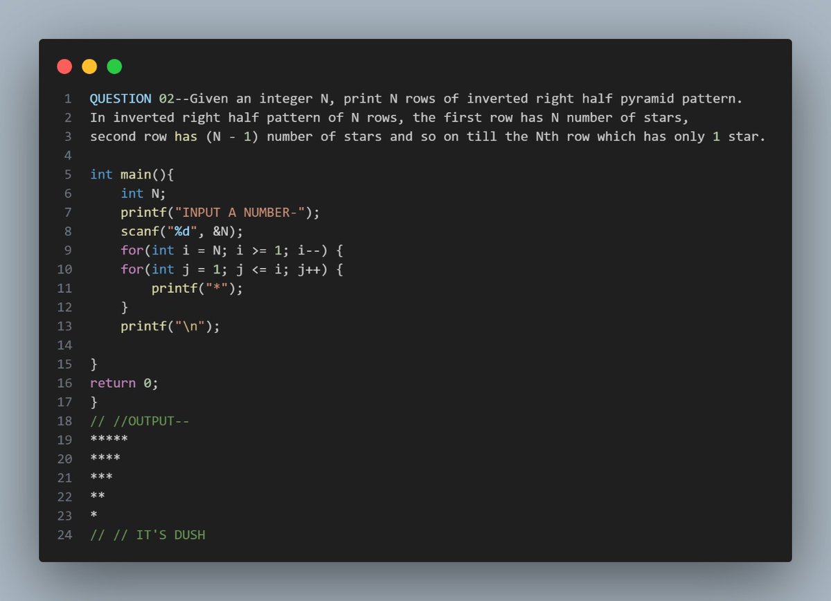 dushmanta404's tweet image. I Master pattern printing in C and level up my DSA skills! Pattern problems are commonly asked in coding interviews and help build strong logical thinking. Save this for your next practice session! Which one is your favorite? #DSA #CProgramming #CodingInterviews #PatternPrinting