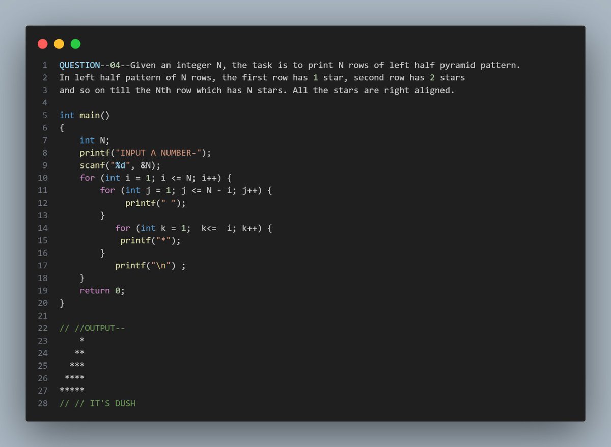 dushmanta404's tweet image. I Master pattern printing in C and level up my DSA skills! Pattern problems are commonly asked in coding interviews and help build strong logical thinking. Save this for your next practice session! Which one is your favorite? #DSA #CProgramming #CodingInterviews #PatternPrinting