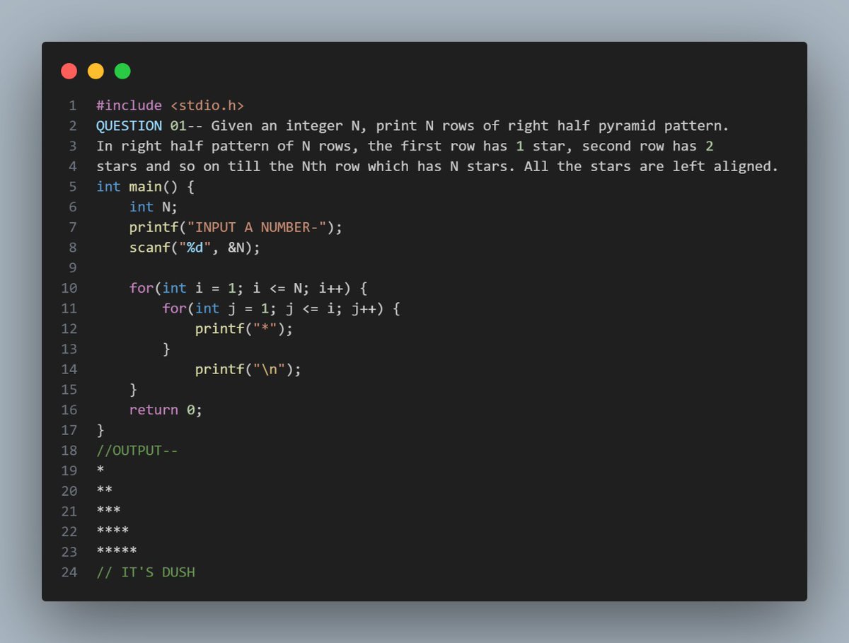 dushmanta404's tweet image. I Master pattern printing in C and level up my DSA skills! Pattern problems are commonly asked in coding interviews and help build strong logical thinking. Save this for your next practice session! Which one is your favorite? #DSA #CProgramming #CodingInterviews #PatternPrinting