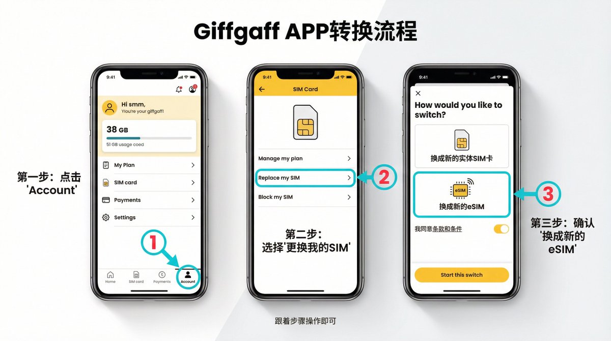 19/28 🔄
好了,開始正式轉換!
開啟Giffgaff APP:
• 點"Account"
• 點"SIM"
• 點"Replace my SIM"
• 選第二個選項:"更換為新的eSIM"
• 勾選同意,點"Start