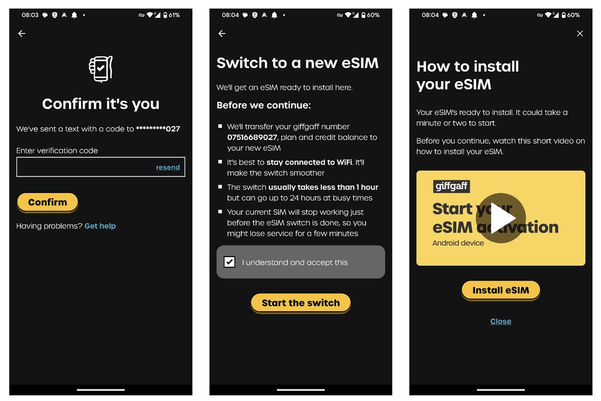 20/28 📲
Giffgaff會給你手機發驗證碼簡訊再次確認Stream是停止狀態! 不然收不到。
輸入驗證碼,點"Confirm"
再點一次"Start the Switch"
然後等一會兒,APP會提示"你的eSIM已經可以下載了