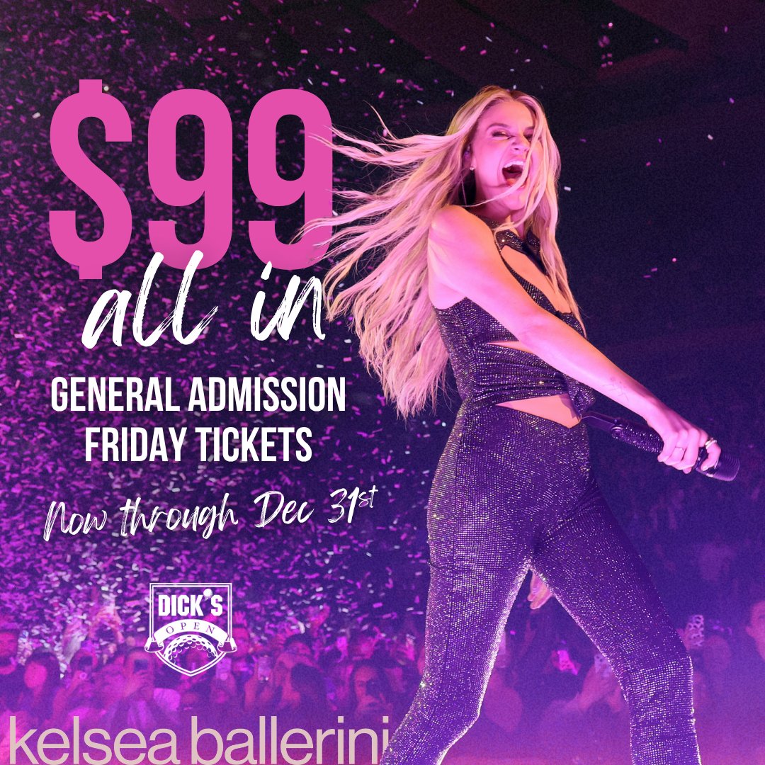 dicksopengolf's tweet image. Black Friday just got better! Snag $𝟵𝟵—𝗔𝗟𝗟 𝗙𝗘𝗘𝗦 𝗜𝗡𝗖𝗟𝗨𝗗𝗘𝗗 GA tickets to see @kelseaballerini LIVE!  A holiday gift that will have everyone singing along! 🎵

🎟️ Visit loom.ly/ESV10G4 to buy your tickets now!
