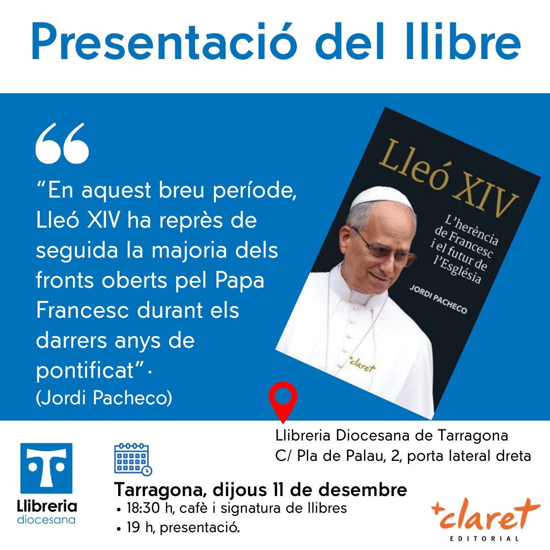 📚 Presentació del llibre de Lleó XIV, de  <a href="/Jpachecoga/">Jordi Pacheco</a> dijous 11/11 a la Llibreria Diocesana: 18.30h cafè + signatura
19h presentació de <a href="/JoanADomenec/">Joan A. Domènech</a>
amb l’autor 

📍 Pla de Palau 2, Tarragona
📲 646 725 431 · llibreria@arqtgn.cat

#LleóXIV #Tarragona #Advent2025