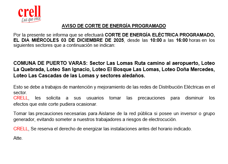 Corte programado para el día miércoles 03/12/2025, en la comuna de Puerto Varas.