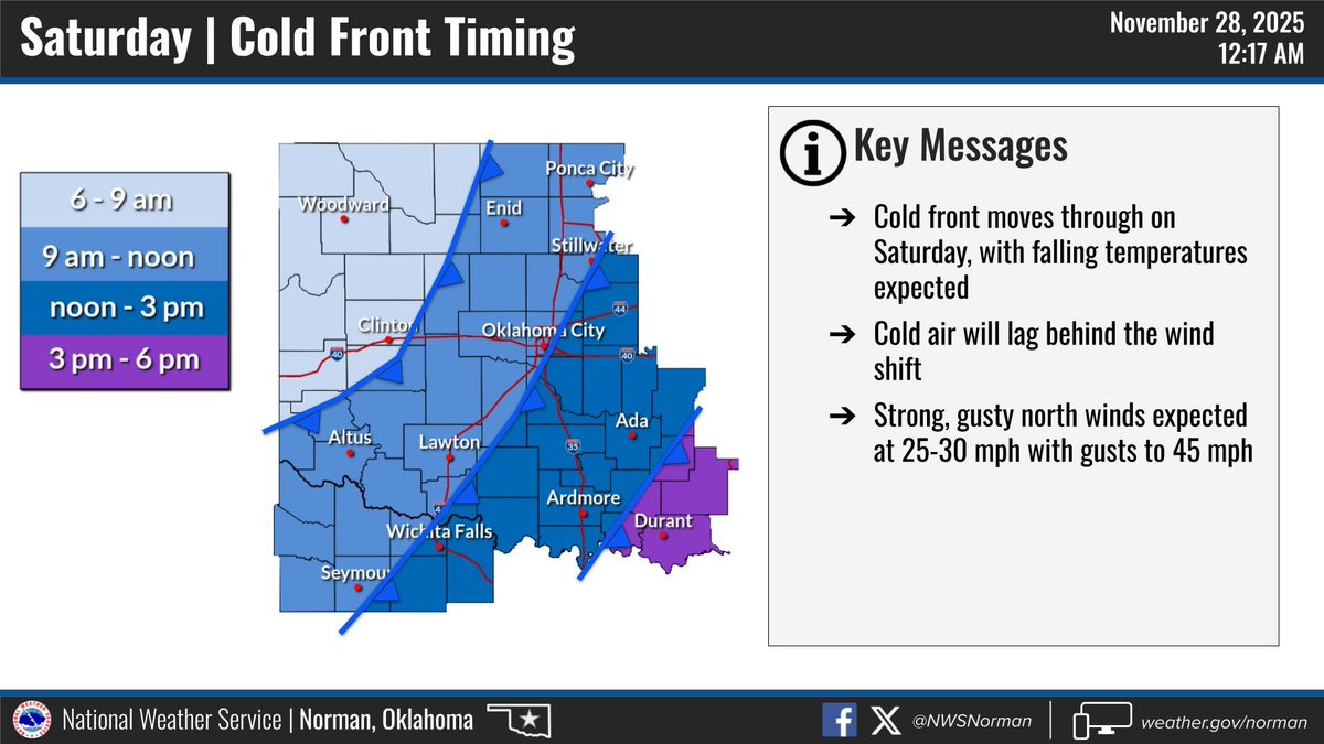 wgillespietv's tweet photo. Heading to #Sooners-LSU tomorrow? 

Dress warm. A powerhouse cold front will send temperatures downhill quickly after halftime. Near 50 degrees at kickoff but below freezing by the end of the game.

Winds out of the north gusting to 45 mph. https://t.co/DeZ7uNOfMC