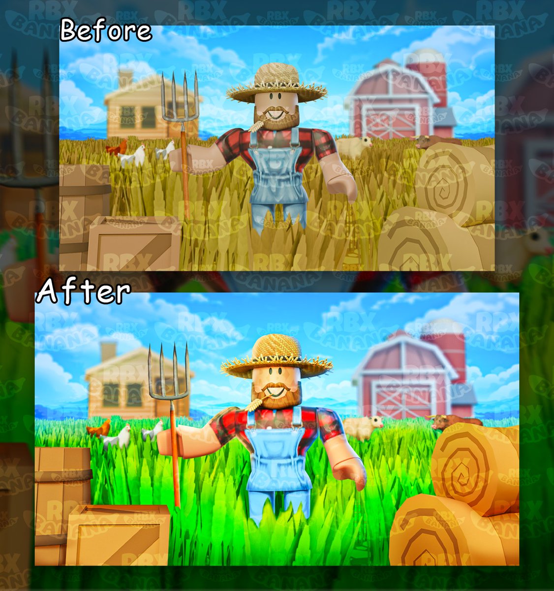 RBX_Banana's tweet image. Another Roblox Thumbnail for Farmstead! 🧑‍🌾

Algorithm seems to like these before &amp;amp; after so here you goo, From Blender Eevee to Photoshop rendered🤩

 Order here!  discord.gg/2bFnGR3fB2 

#Roblox #robloxart  #RobloxDev  #RobloxGFX