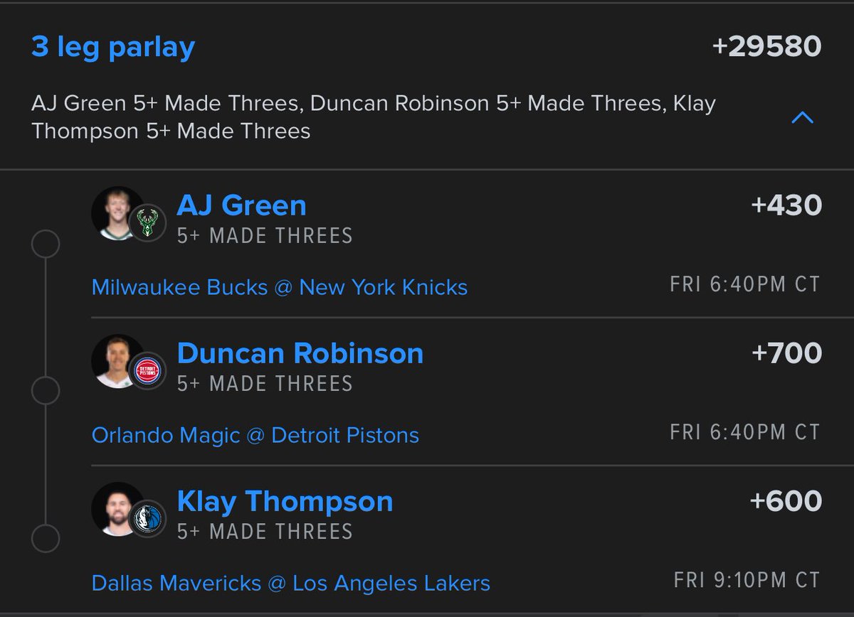 3️⃣’s 🪜 

🏀 Duncan 2+ in 8/10
🏀 Dairy Bird 2+ in 7/10 
🏀 Klay 2+ in 7/10 
🏀 Can 🪜 3-5 on FD