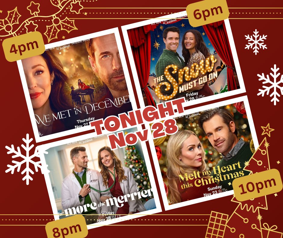 RomComReview1's tweet photo. Cozy in this evening (Nov 28) with #HallmarkChannel for two NEW premieres and two recent 2025 movies!
TIMES ARE EASTERN
#WeMetInDecember 4pm
#TheSnowMustGoOn 6pm (NEW)
#TheMoreTheMerrier 8pm (NEW)
#MeltMyHeartThisChristmas 10pm
#CountdownToChristmas #HallmarkSchedule https://t.co/ttmbiTwN7R