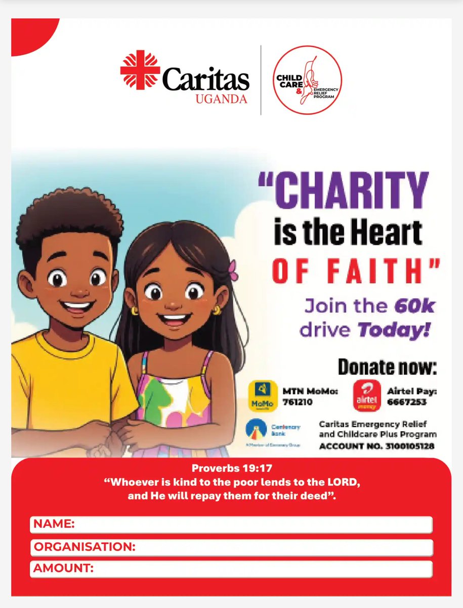 _Wanambwa's tweet photo. Caritas Uganda introduced the Child Care and Emergency Relief Program (CERP) in September to reach orphaned and vulnerable children, families in crisis, and individuals living on the margins. Guided by Christian values, the program acts where help is most urgently needed.
#CaritasUganda #60kdrive