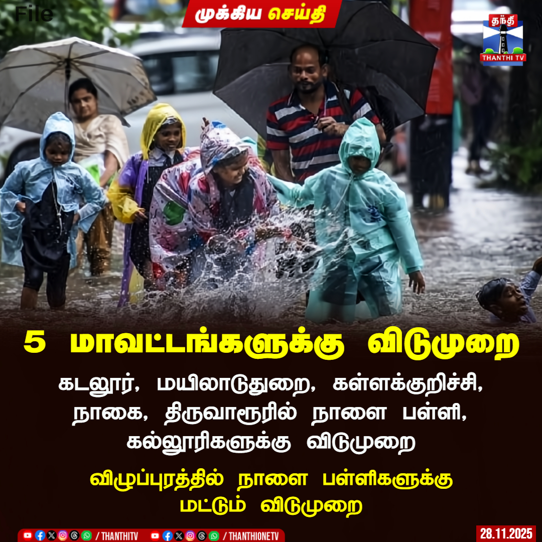 ThanthiTV's tweet photo. 5 மாவட்டங்களுக்கு விடுமுறை
கடலூர், மயிலாடுதுறை, கள்ளக்குறிச்சி, நாகை, திருவாரூரில் நாளை பள்ளி, கல்லூரிகளுக்கு விடுமுறை
விழுப்புரத்தில் நாளை பள்ளிகளுக்கு மட்டும் விடுமுறை
#schoolleave #cyclone #Leaveupdate #Tnrainupdate #Tnrainalert #ThanthiTV https://t.co/FUARWZ2Ej4