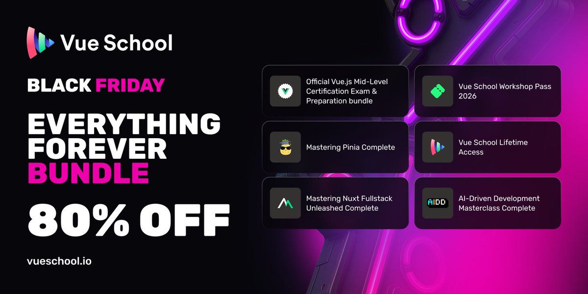 VueSchool_io's tweet image. Black Friday is the best time to go all-in on @vuejs ⚡️ 

Grab our Everything Forever Bundle for 80% OFF &amp;amp; get:
📚 Vue School Lifetime &amp;amp; 2026 Workshop Pass
🌐 @MasteringNuxt
🍍 @MasteringPinia 
 🤖 AIDD Complete
🏅Official Vue.js &amp;amp; Nuxt Certs

Secure yours👇…